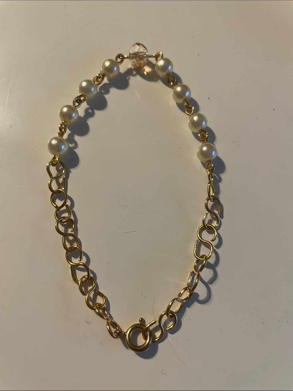 Gold Chain Bracelet with White Faux Pearls - Classic Women's Jewelry